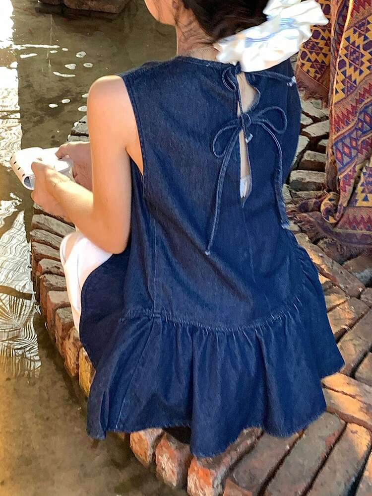 Women's Korean Style Elegant Backless Hollow Out Sleeveless Denim Blouse, Loose Fit Tank Top For Summer
