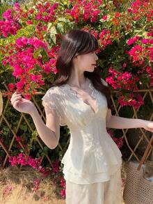 DAZY Women's French Retro Hollow Out Embroidery Design Lightweight Chiffon Blouse And High Waist Pants 2 Pieces Set - Apricot - View 6