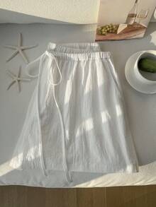 Comfortcana Plus Size Casual Loose Drawstring Solid Color Shorts, Spring/Summer Cotton Shorts Comfortable Shorts Drawstring Shorts - White - View 7