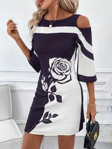 SHEIN Clasi Đầm suông trễ vai in hoa hồng phối màu tương phản thanh lịch dành cho nữ - Màu tím - Xem 6