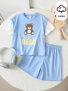 SHEIN 2pcs/Set Young Boys Casual Collegiate Cute Bear Print Round Neck Short Sleeve Top And Elastic Waist Shorts Set,Suitable For Summer,School,Daily Wear - Blue - View 3