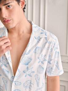 SWAVVY Men's Fashionable Printed Short Sleeve Shirt Set, Spring/Summer - Blue - View 5