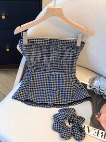 Franclia 女士休闲格子单排扣褶裥抹胸上衣 - 藍色 - 查看 2