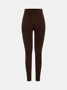 SHEIN Girlism 青少年女孩休闲瑜伽运动修身拉链领针织上衣和高腰紧身裤套装，返校装 - 棕色 - 查看 5
