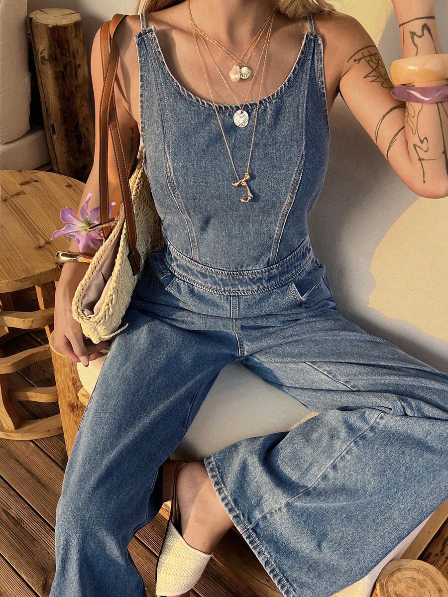 DAZY Women's Round Neck Sleeveless Jumpsuit, Casual Washed Denim Jumpsuit - Medium Wash - View 1
