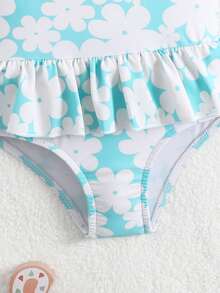 Baby Girls Light Blue Floral Print Swimsuit,Sleeveless Skirt Style One-Piece Beachwear - Teal Blue - View 4