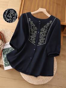 Linhara Plus Size Women's Romantic Date & Commute Versatile Fashion Blouse, Spring/Summer - Navy Blue - View 1