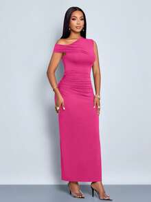 SOLERSUN Women's Spring Summer Solid Color Simple Daily Date Elegant Party Asymmetric Oblique-Shoulder Tight-Fitting Long Dress - Hot Pink - View 3