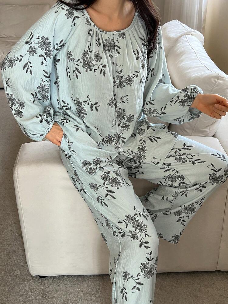 Elegant Floral Print Lantern Sleeve Loose Women Pajama Set