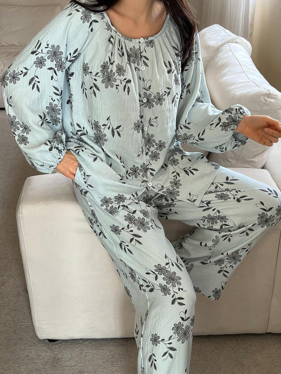 DAZY Elegant Floral Print Lantern Sleeve Loose Women Pajama Set - Blue - View 1