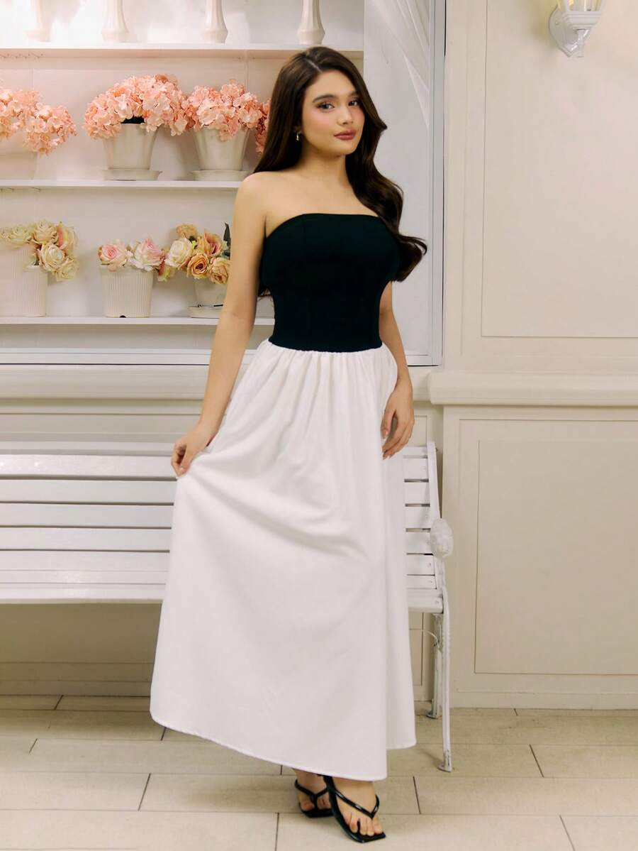 Criza Taa Women's Summer Color Block Strapless A-Line Mini Dress - Black Casual - Black and White - View 1