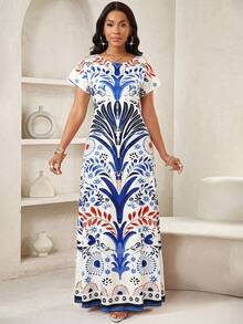 SHEIN Lady 女士度假植物印花圆领短袖休闲连衣裙 - 彩色 - 查看 5