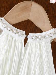 SHEIN Đầm không tay dáng rộng, thanh lịch và dễ thương màu trắng xếp ly đính ngọc trai cho bé gái. - trắng - Xem 6