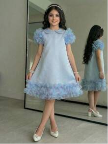 SHEIN Vestido de línea A con bloque de color y cuello con volantes para niña preadolescente - Celeste - Ver 2