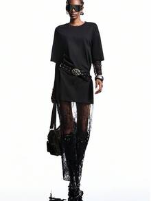 LYSMO 2025 New Arrive Minimalism Fall Women Black Round Neck Contrast Lace Loose Long Dress Fall Clothes Halloween Costumes Clothes For Women New Year Look And Christmas Outfit For Women Streetwear Partywear - Black - View 6