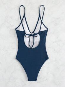 SHEIN Swim Áo tắm liền thân nữ màu trơn, chất liệu gân, kiểu dáng thường ngày, thích hợp cho kỳ nghỉ. - Màu xanh ngọc - Xem 2