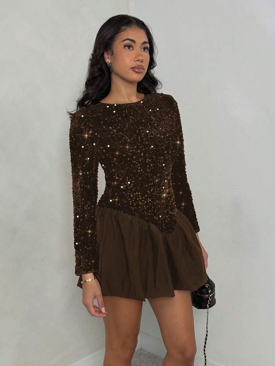SHEIN Glamour Vestido mini con parches de lentejuelas elegante y de moda, adecuado para el uso diario - Café integral - Ver 1
