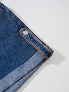 GlowEve 女士休闲时尚街头风日常通勤纸袋腰卷边水洗牛仔短裤，不含腰带 - 藍色 - 查看 3