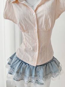 Sweetra 法式甜美泡泡袖粉色100%纯棉提花梭织镂空设计收腰夏季女式衬衫 - 粉色 - 查看 5