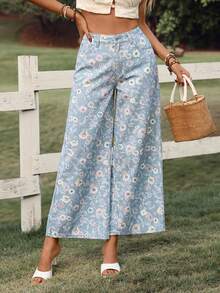 EMERY ROSE 女士休闲印花阔腿牛仔裤，夏季 - 藍色 - 查看 8