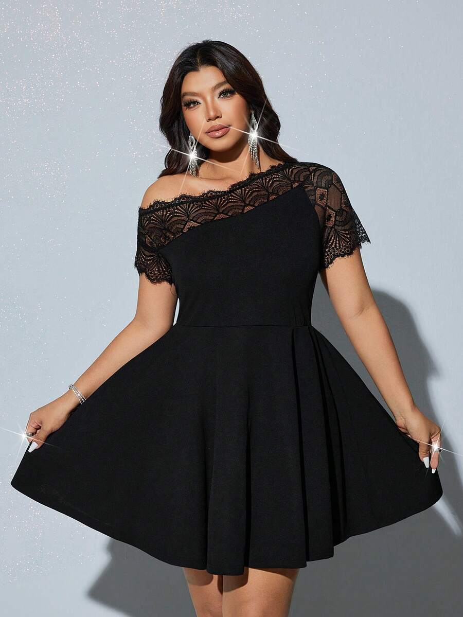 Viva Relle Plus Size Women's Black Lace Off-Shoulder Dress, Party Dress, Cocktail Dress