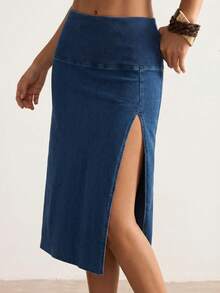 Bohemela Knit Denim Skirt For Women,High Waist Slit Skirt,Bodycon Skirt,Side Slit Design,Spring To Summer,Vacation Skirt,Beach Skirt - Blue - View 1