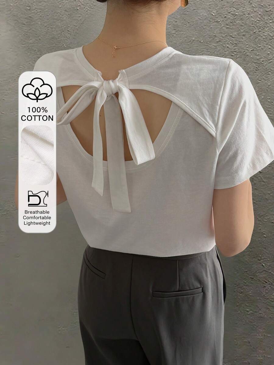 DAZY Camiseta casual de mujer de unicolor con cordones y encaje, para verano - Blanco - Ver 1