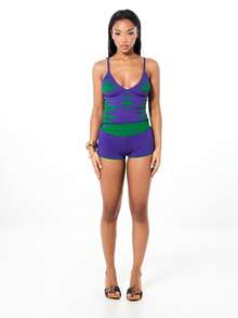 SUMWON WOMEN Cut Out Slashed Self Fabric Tie Straps Cami Tank Top Purple Green Abstract Print Summer Casual - Purple - View 5