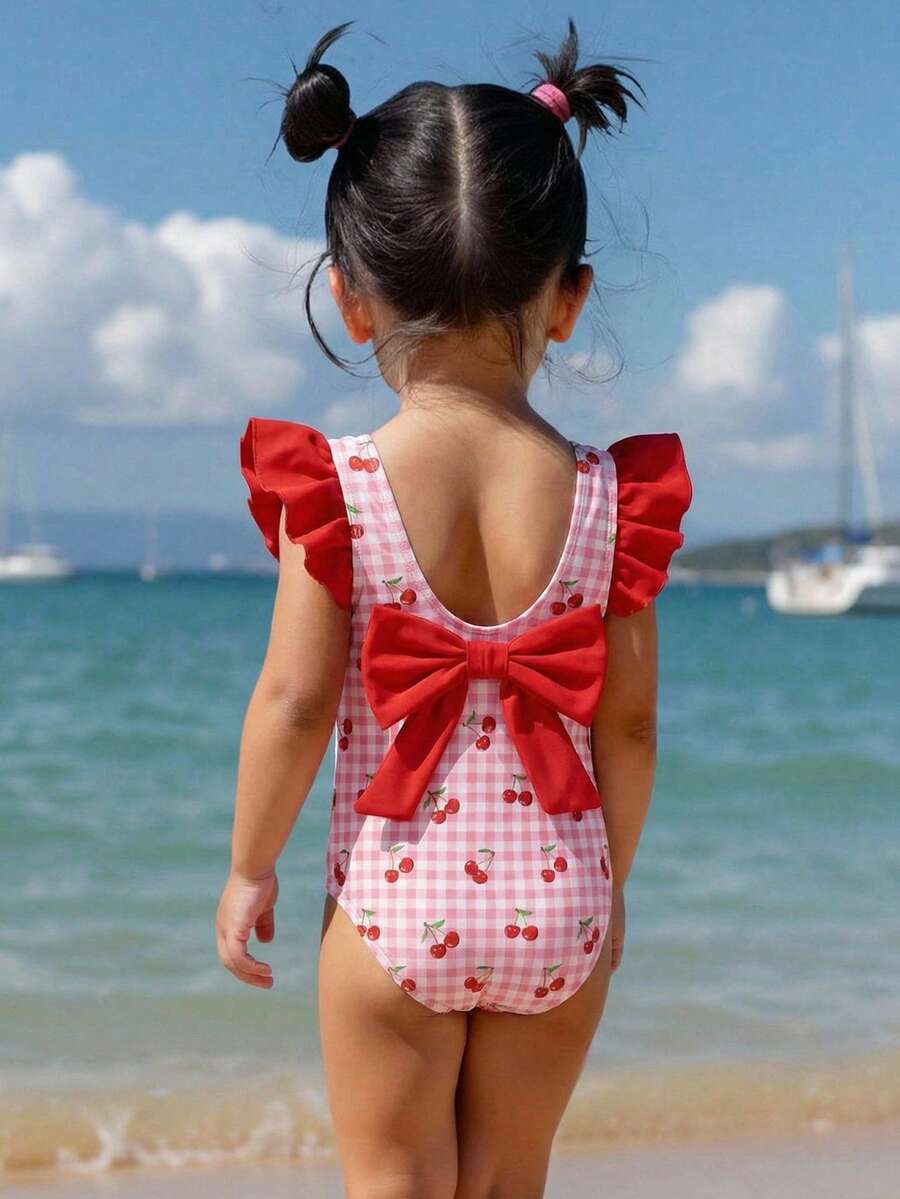 LMoss Kids 女婴樱桃印花撞色荷叶边袖口蝴蝶结露背连体泳衣，沙滩/度假风 - 彩色 - 查看 1