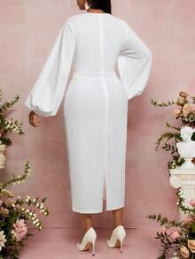 Fleurora 大码女式纯色天鹅领灯笼袖修身优雅连衣裙 - 白色 - 查看 2