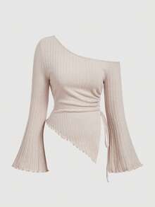 SHEIN MOD 大码女式杏色抽绳不对称下摆喇叭袖 T 恤、露肩 T 恤、秋季女装、舒适 T 恤 - 杏色 - 查看 1