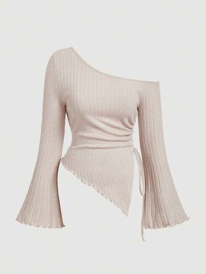 SHEIN MOD Plus Size Women's Apricot Drawstring Asymmetric Hem Flared Sleeve T-Shirt,Off Shoulder T-Shirt,Fall Women Clothes,Comfortable T-Shirt