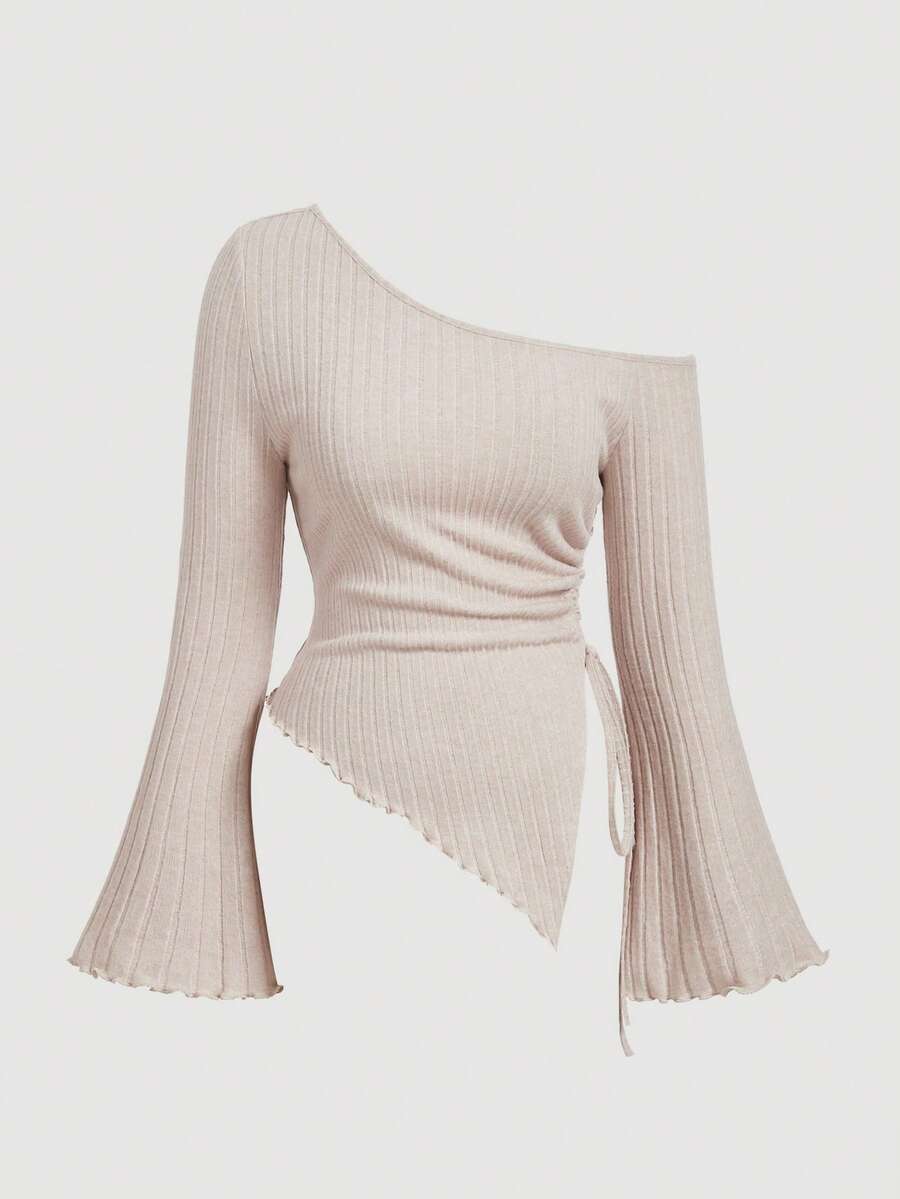 SHEIN MOD 大码女式杏色抽绳不对称下摆喇叭袖 T 恤、露肩 T 恤、秋季女装、舒适 T 恤 - 杏色 - 查看 1