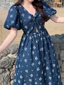 DAZY 女士V领短袖印花收腰优雅泡泡袖休闲连衣裙波西米亚风 - 藍色 - 查看 6