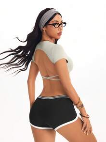 Easithlete 女士时尚露背镂空修身短款运动T恤 露背瑜伽衫 系带露背运动上衣 露背健身衫 露背运动上衣 女士运动服 露背健身上衣 露背健身上衣 女士运动上衣 女士运动服 女士健身套装 上衣 - 淺灰色 - 查看 5