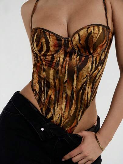 SHEIN ICON Summer Women's Western Boho Hippie Goth Going Out Coachella Concert Club Animal Print Sexy Fashion Street Chic Tiger Print High-Cut Hem Bodysuit, Summer