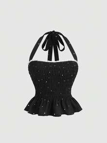 SHEIN Unity 女款黑白波點夏季可愛茶會約會之夜外訪掛脖上衣 優雅Y2K蝴蝶結荷葉邊飾綁帶蕾絲襯衫 - 黑色 - 查看 4