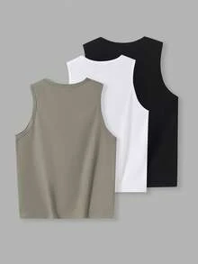 SHEIN 3pcs Tween Boys Casual Letter Print Tank Tops, Suitable For Outings, Outdoor, Holiday Parties, Summer Beach Vacations, Spring & Summer Wear - Multicolor - View 3