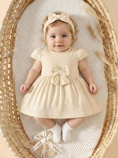 SHEIN Newborn Baby Girls Cute Elegant Cotton Knitted Jacquard Short Sleeve Dress + Headband Summer Outfit Set