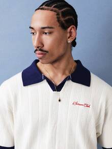 SUMWON Contrast Collar Ribbed Knit Polo Short Sleeve Half Button Placket Regular Fit Casual Spring Summer Vintage Style Top - Beige - View 4