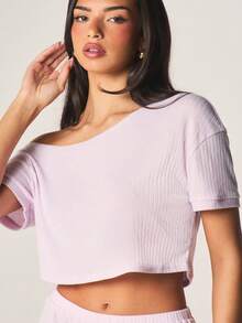 MISSGUIDED Lavender Ribbed Pointelle Off Shoulder Crop Top And High Waisted Shorts Lounge Set Summer Sleepwear Two Piece Pajama Outfit - Mauve Purple - View 5