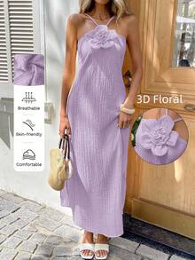 Sylviya 女士休闲3D立体花卉吊带开衩连衣裙，度假风 - 淡紫色 - 查看 8