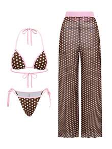 Swim SXY Women's Polka Dot Halter Neck Camisole, Sheer Wide Leg Pants 3 PiecesSwimsuit Set, Sexy Beach Vacation Bikini - Multicolor - View 3