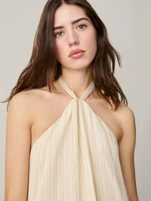 Nöista Áo hai dây cổ yếm kẻ sọc màu vàng, trắng và xám nhạt, kiểu dáng rộng rãi với nút thắt phía trước. - Hồng - Xem 3