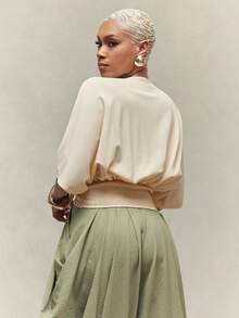 Vixey Drop Shoulder V Neck Quarter Sleeve Cinched Waist Top - Apricot - View 5