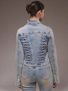 MUSERA Áo khoác denim dáng ôm cổ cao buộc dây, chỉ dành cho mùa đông, phong cách đường phố dễ thương, thích hợp đi chơi, phong cách phương Tây, màu bạc phai. - Rửa trung bình - Xem 4