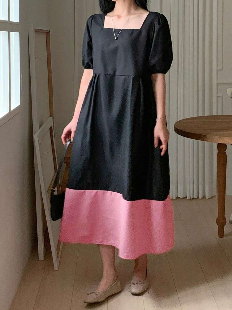 Women's Square Neck Black Patchwork Contrast Color Loose Mid-Length Dress Summer Sundress