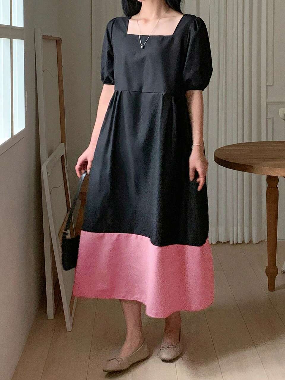 Women's Square Neck Black Patchwork Contrast Color Loose Mid-Length Dress Summer Sundress