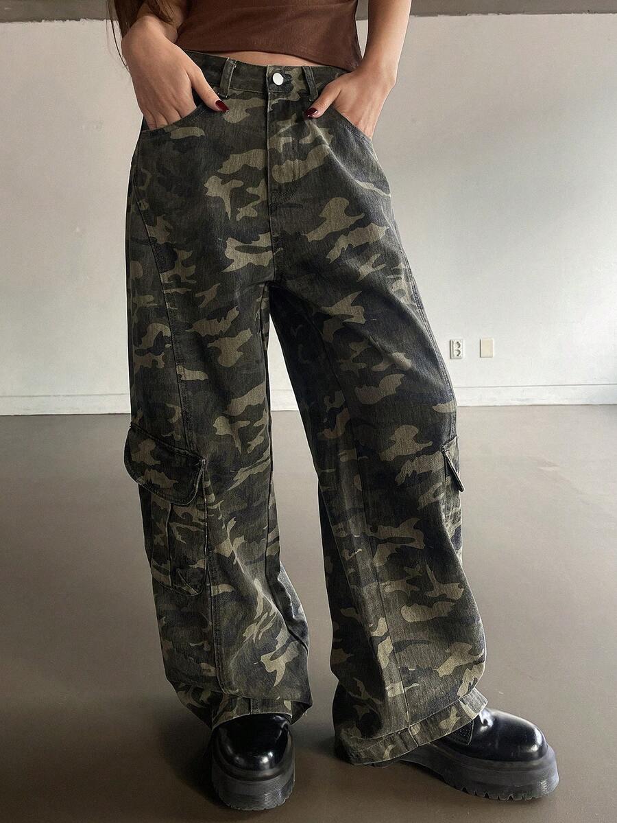 DAZY 女士水洗迷彩宽松工装裤，带大口袋，休闲街头风牛仔裤 - 軍綠色 - 查看 1