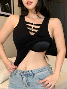 DAZY Black Hollow Neck Camisole Top With Built-In Padded For Women - Black - View 9